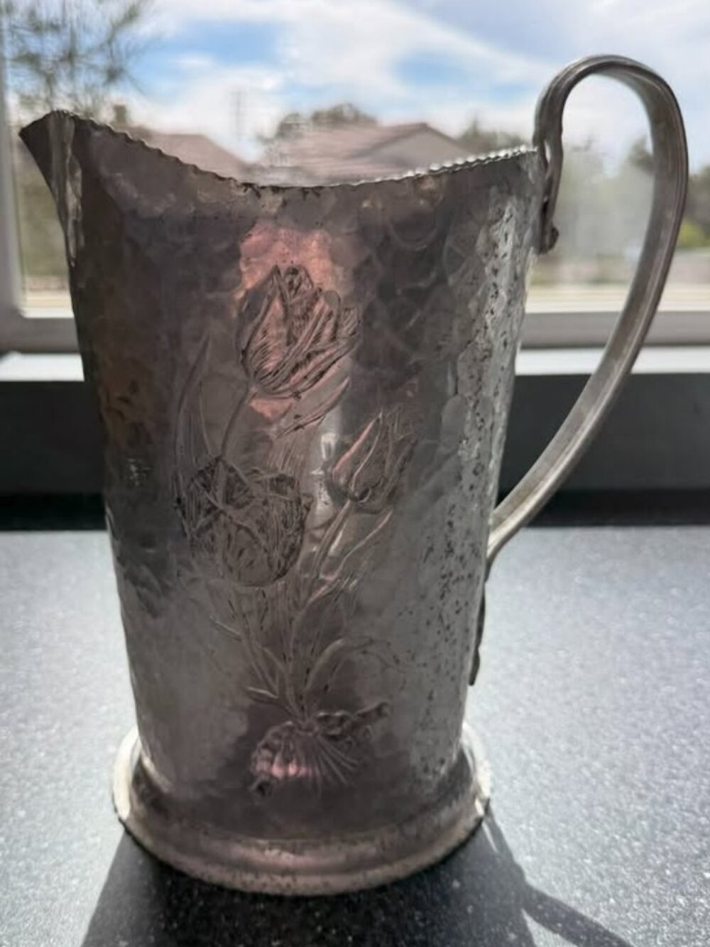 Vintage Rodney Kent Hammered Aluminum Tulip Pitcher β Hand Wrought Floral Decor